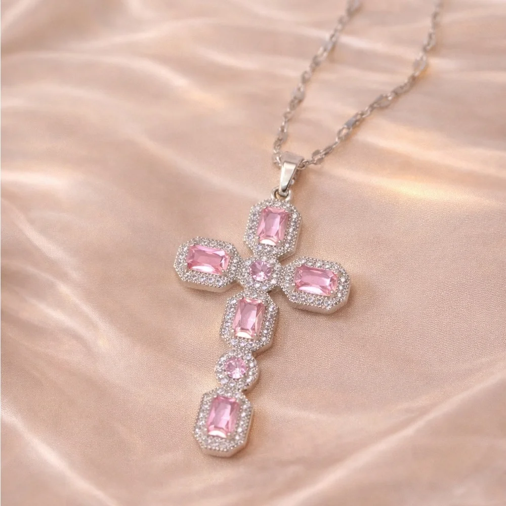Silver Pink Diamond Cross Necklace